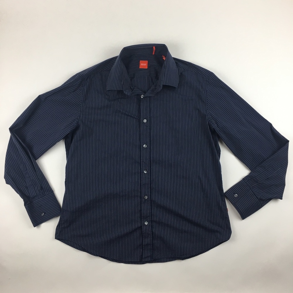Hugo Boss Orange Men's Long Sleeve Button Down Navy Blue Striped Shirt Size XXL.